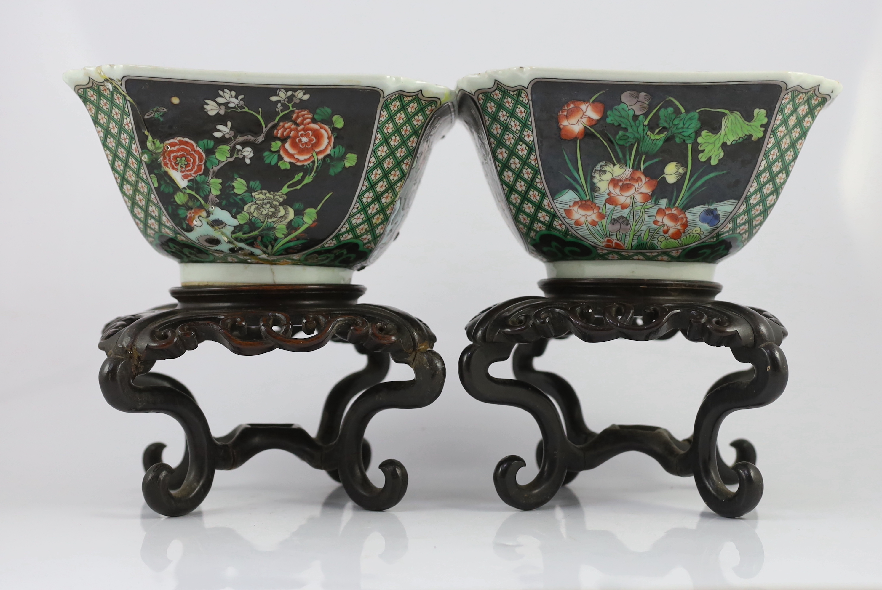 A pair of Chinese famille noire square bowls, late 19th century, one bowl broken and glued, both stands glued